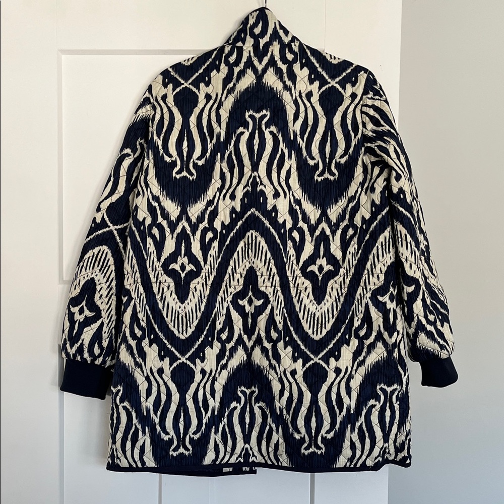 Bagatelle Navy Ivory Ikat Print Quilted Cotton Utility Jacket Coat Size L - Picture 10 of 11